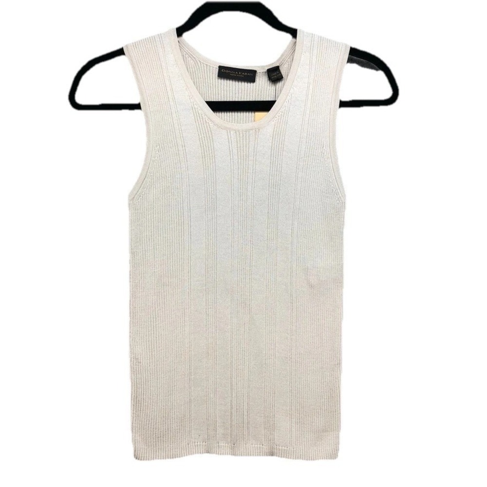 Donna Karan Silk Sweater Jumper Womens Medium Opal Beige Sleeveless Basic Ribbed